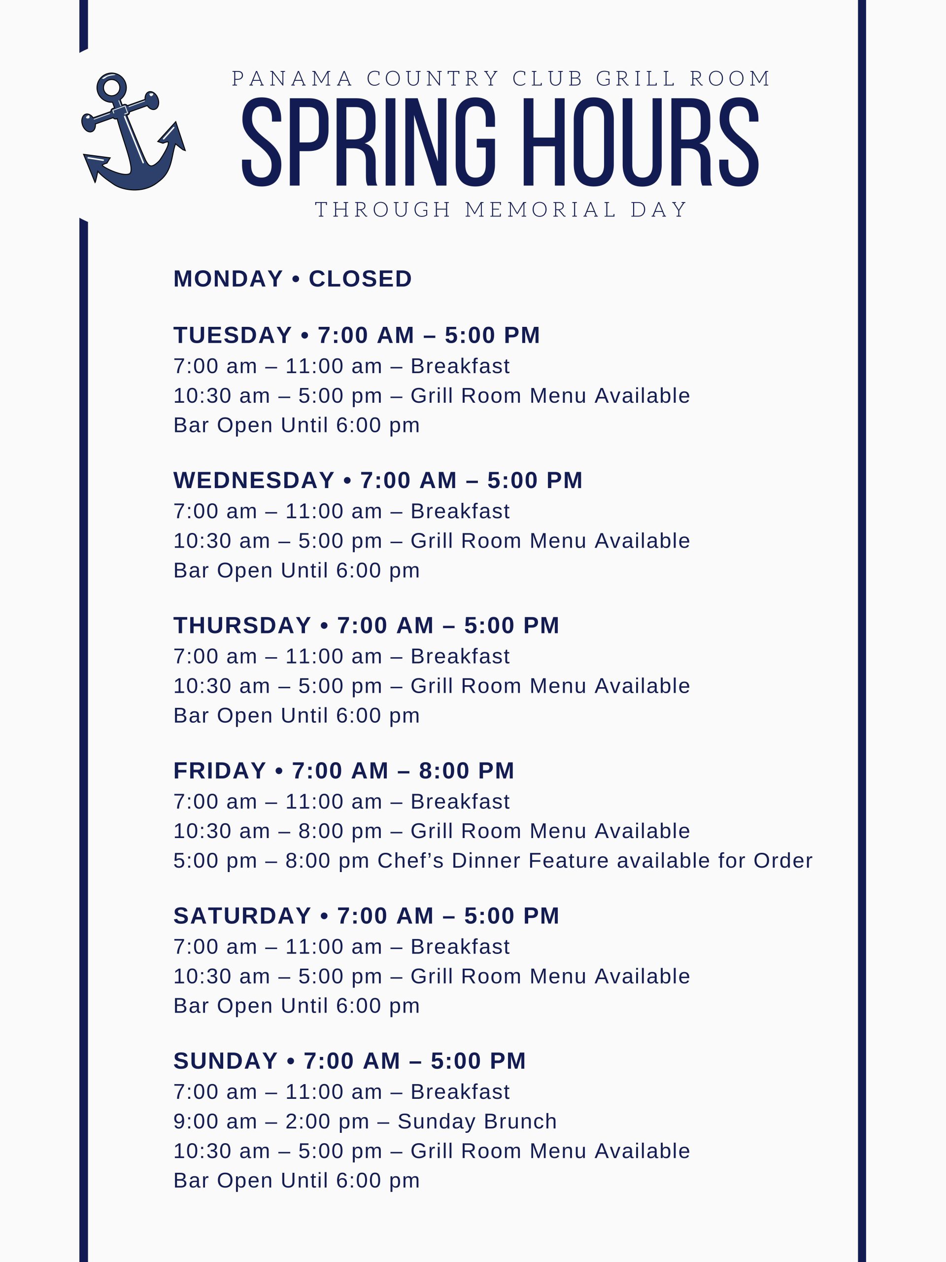 Panama CC Spring Hours 2023